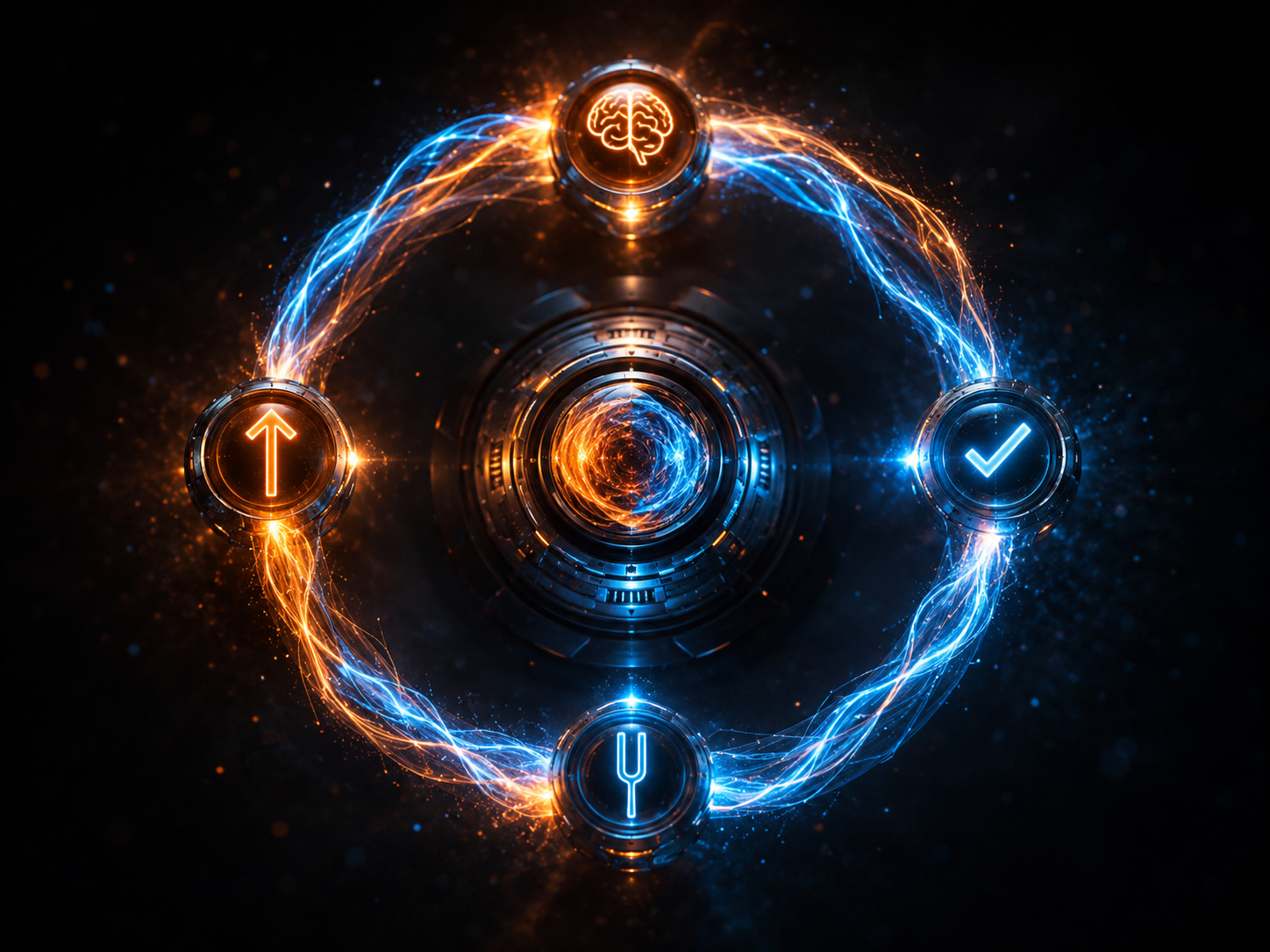 An abstract render representing Helix HellCat's continuous self-improvement loop: production traffic feeds back into routing decisions. (Placeholder artwork until the dedicated render is generated.)